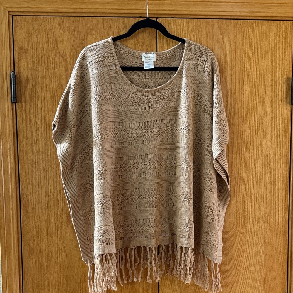 Grace & Lace Fringed Knit Poncho Sweater - Tan